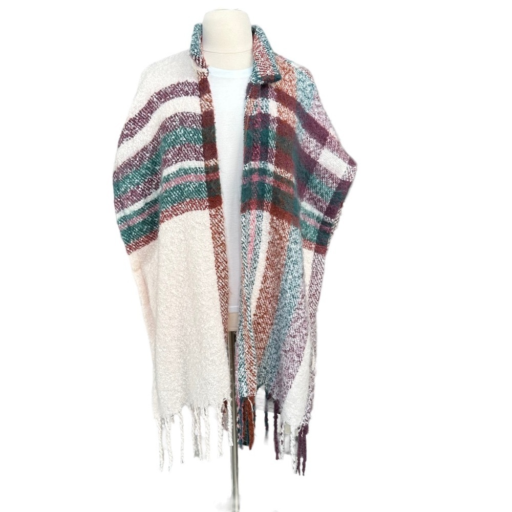 Torrid Womens Boho Comfy‎ Plaid Poncho with Fringe One Size